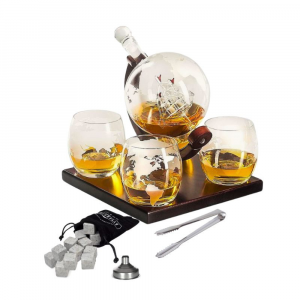 Стъклен Диспенсър за Уиски с Чаши – Oak & Steel World Globe